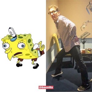 Tom Kenny doing the mocking Spongebob meme