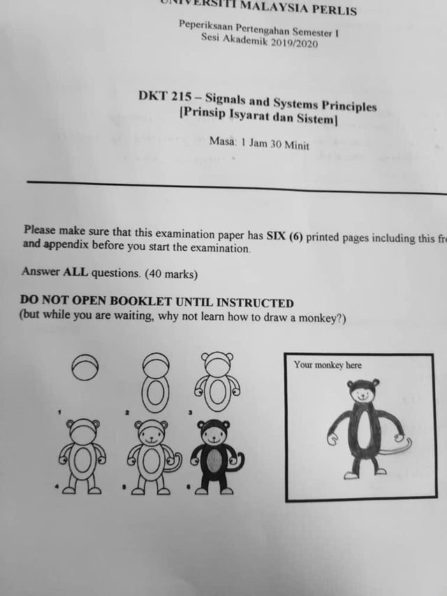 An exam paper which allows drawing of a monkey