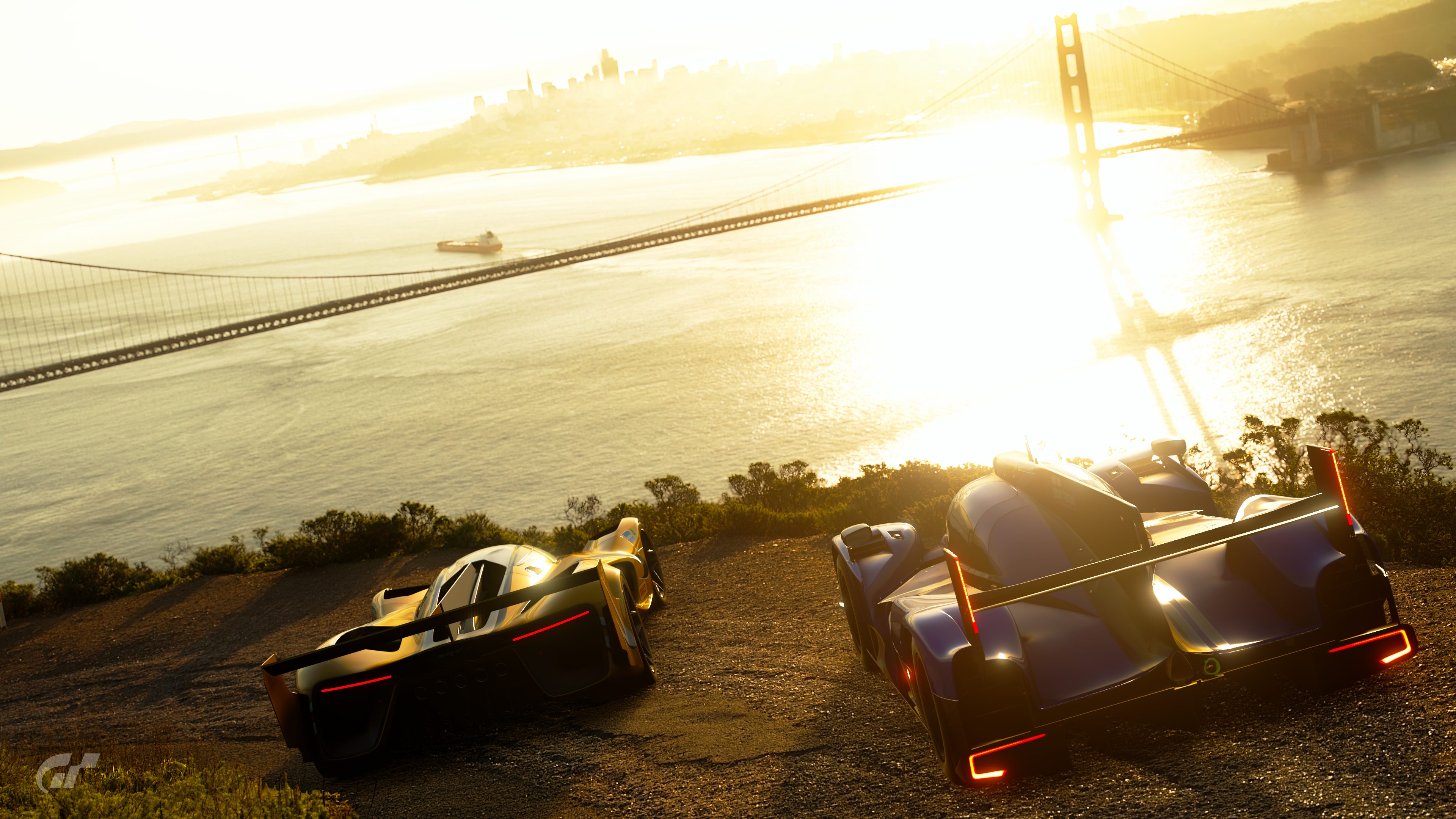 Fast cars catch the bridge sunrise