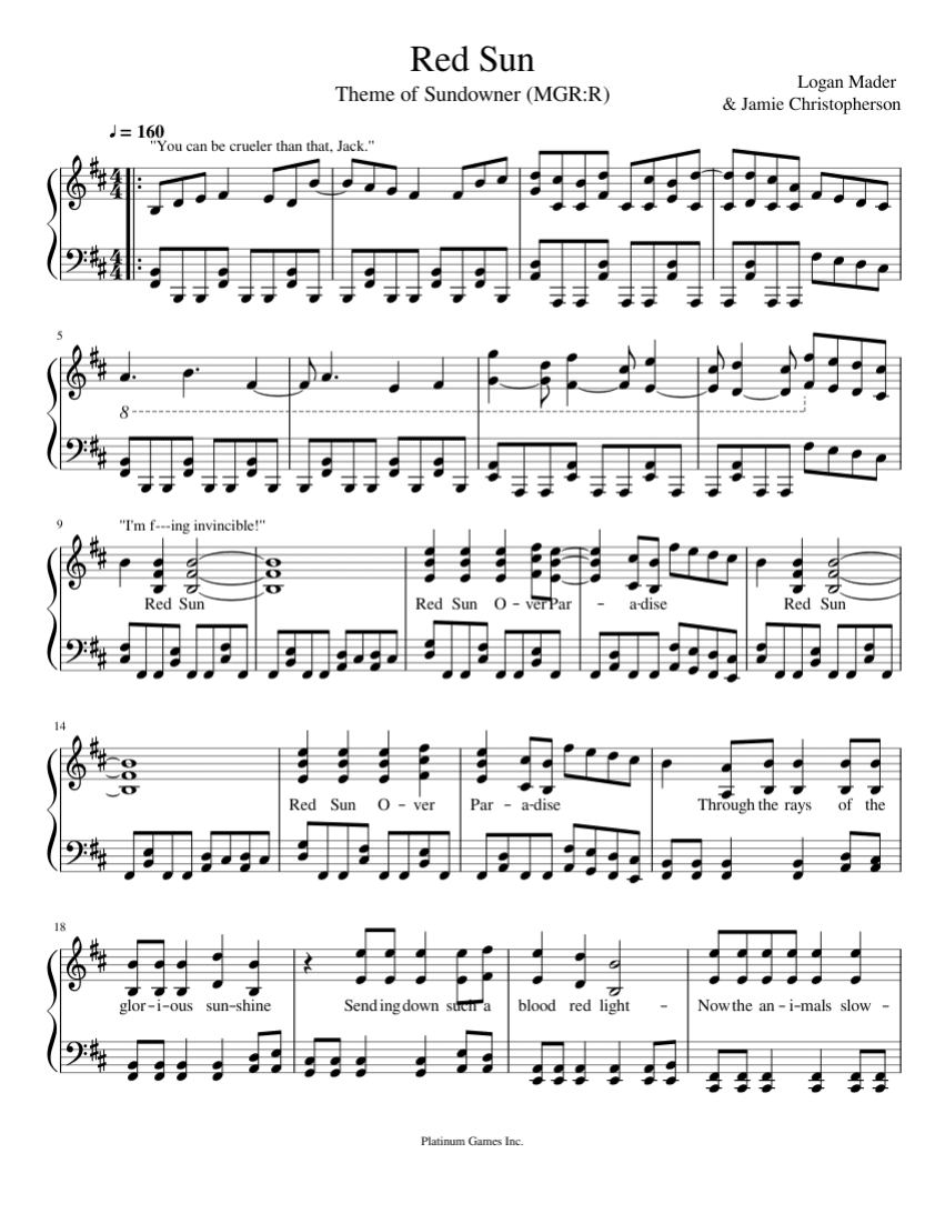 Red Sun, as interpreted on a sheet music, page 1