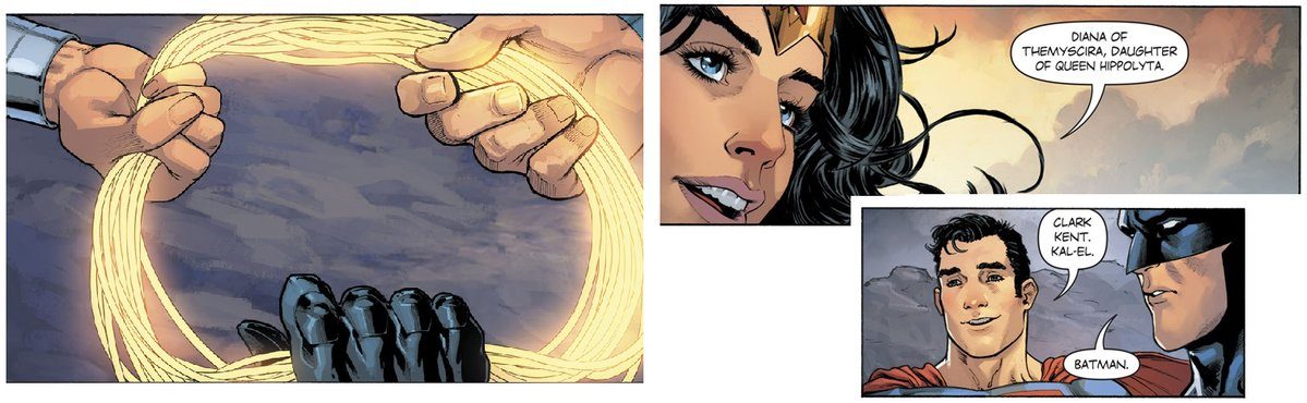 Wonder Woman meets Superman and Batman, and has them hold the Lasso of Truth